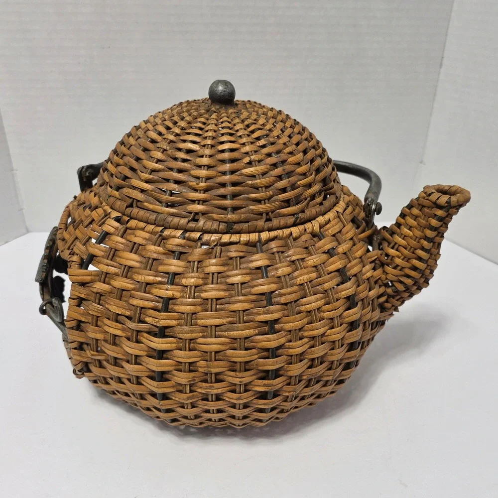 Rustic Woven Wicker Teapot Basket with Metal Leaf Vine Detail and Lid Brown